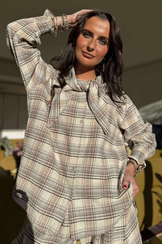 Agnes Plaid Brushed Cotton Neckerchief Blouse Warm Grey